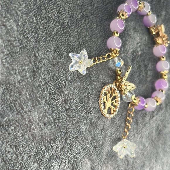 Butterfly 🦋 🌺 Flower & Tree of Life Gold & Purple Dangling 3d Charm Bracelet - Picture 7 of 10